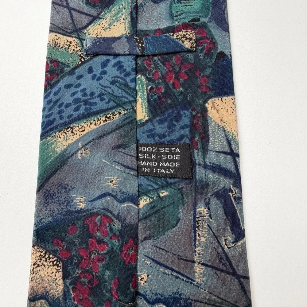 Moda Italiana‎ Teal Abstract Floral Geometric Silk Tie Italy